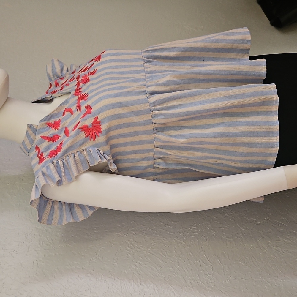 KINDRED Striped Ruffle Sleeve Floral Embroidered Peasant Peplum Babydoll Top - Picture 5 of 8